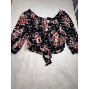Floral Tie Front Top‎ Black Plaid Off Shoulder Blouse Medium M